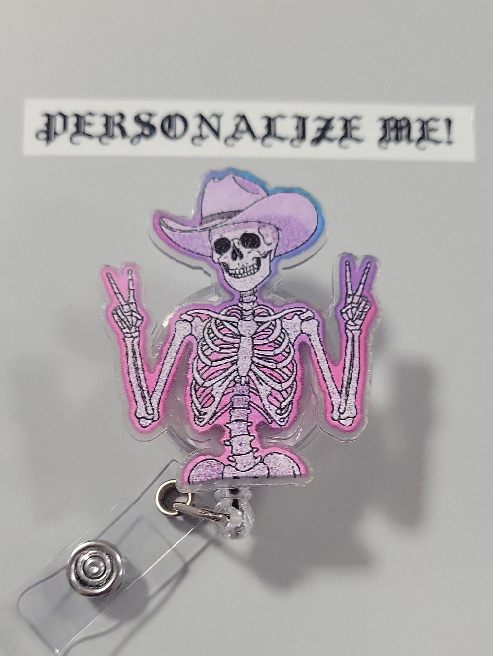 Personalize Me! Pink Skeleton Cowboy Badge Reel